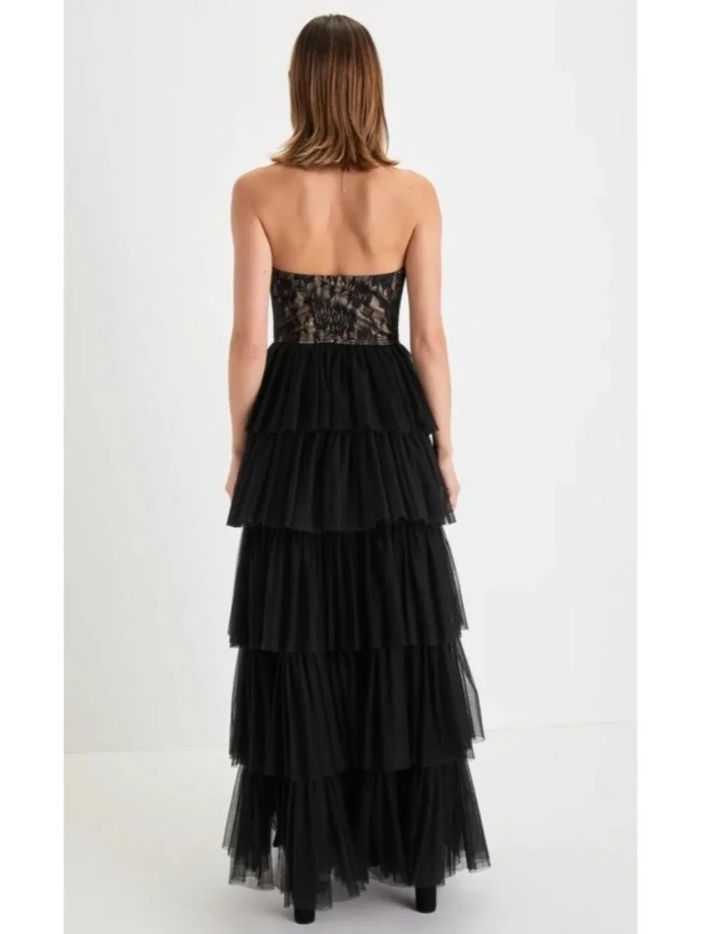 Women's - Lulus Sensational Darling Black Lace Tulle Tiered Strapless Maxi Dress